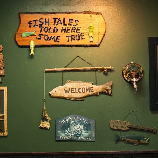 A green wall adorned with various fishing-themed signs, including "Fish Tales Told Here Some True".